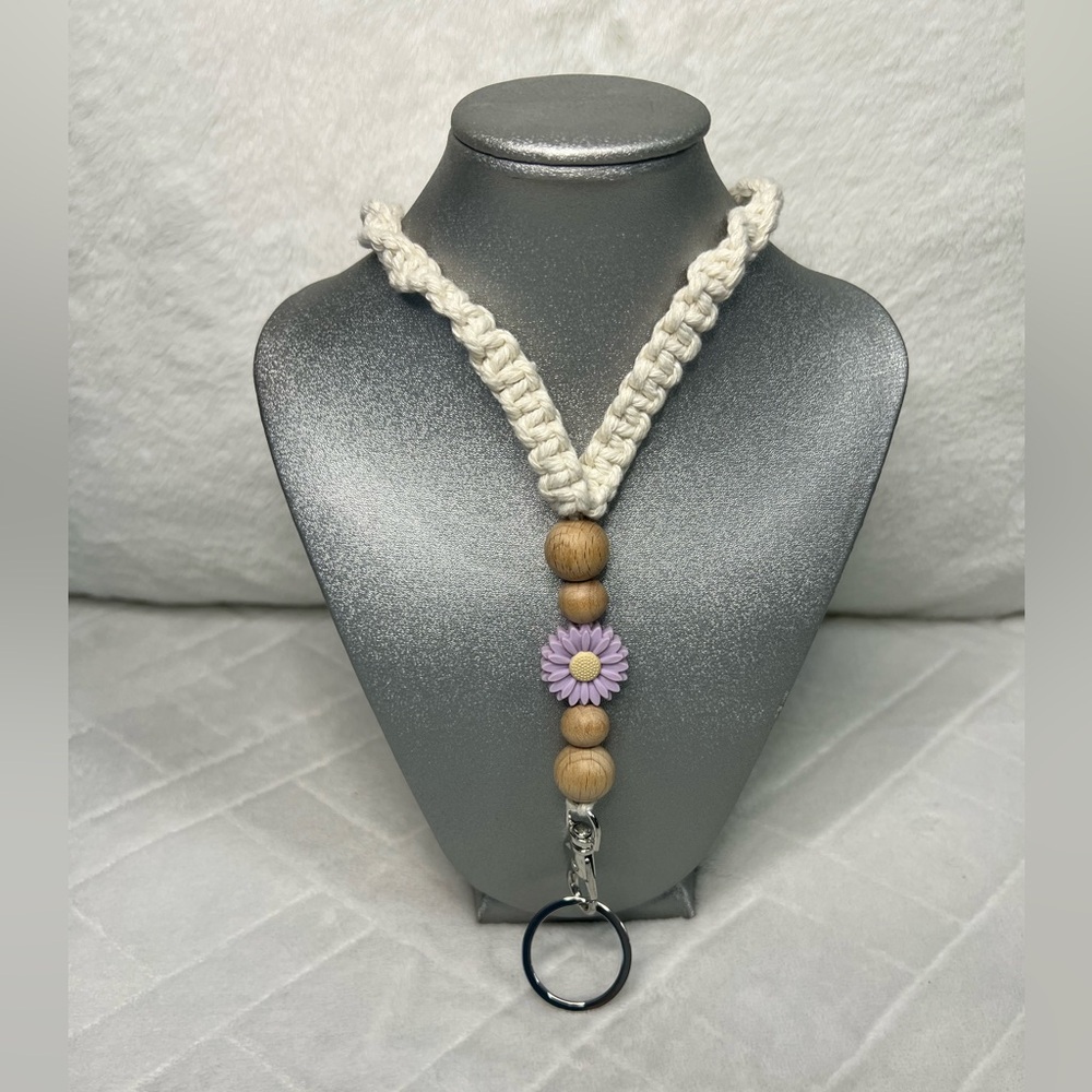 NWOT HANDWOVEN COTTON LANYARD WOOD BEADS AND PURPLE FLOWER ACCENTS